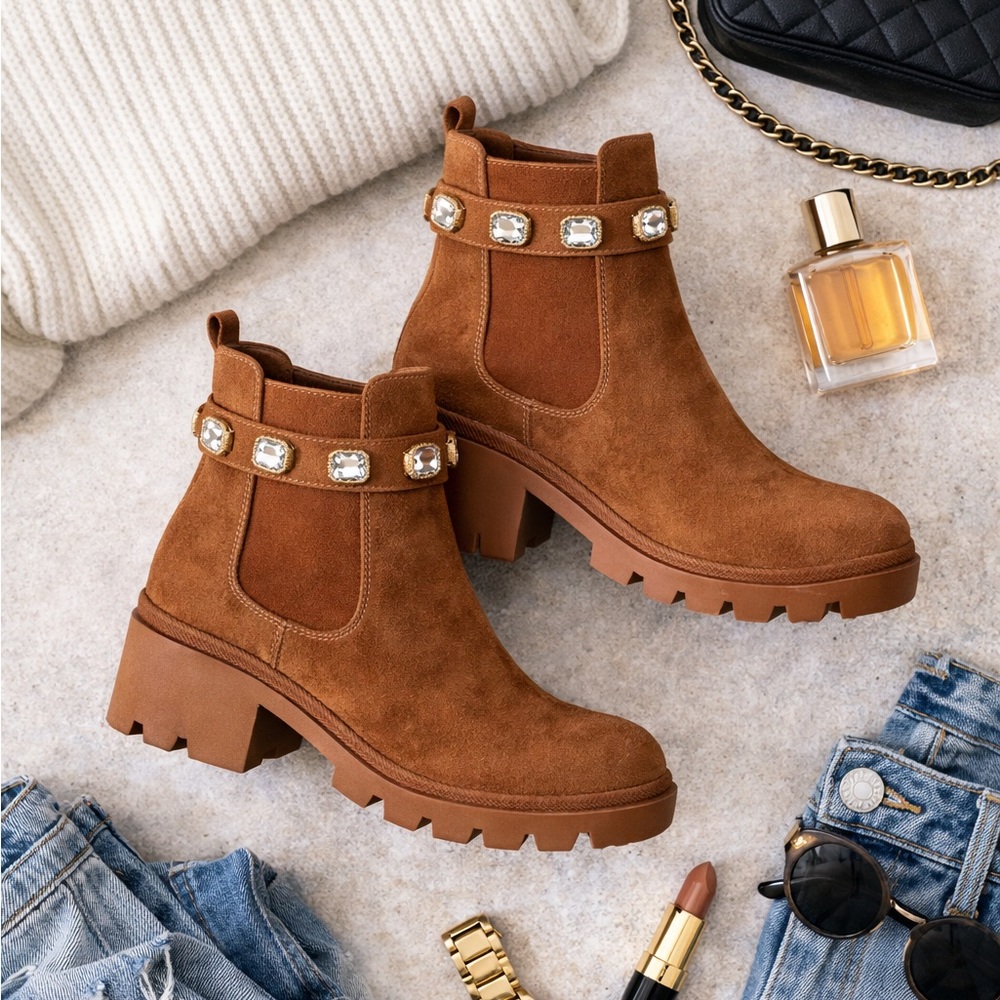 Source Unknown Tan Ankle Boots with Embellishments